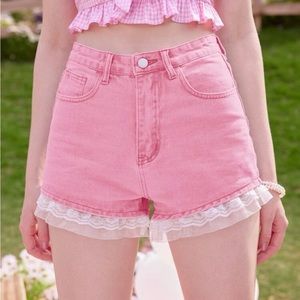 pink jean lace shorts from romwe